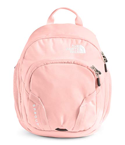 pink and white north face backpack