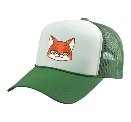 Disney Zootopia Nick Wilde Cute Kawaii Big Face Costume Trucker Hat with Adjustable Mesh Back, Kelly Green/White