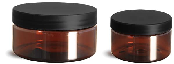 8 oz Plastic Jars, Amber PET Heavy Wall Jars w/Frosted Black Lined Caps