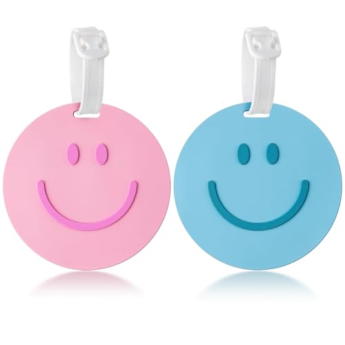 FFyhiinski Preppy Smile Luggage Tags - 2 Happy Smile Face Luggage Tags for Suitcases Round Funny Face Silicone Baggage Backpack Label Travel Personalized with Name ID Card Trunk Label for Girls Women