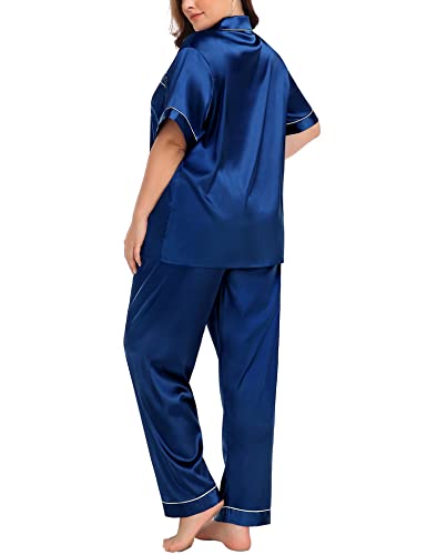 Image of SWOMOG Women's Plus Size Pajamas Silk Satin Pajama Set Short Sleeve Shirt with Full-Length Pants Pjs Sleepwear Set 18W-26W