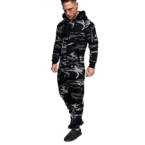 Acelyn Men Fashion Camouflage Print Zip Up Long Sleeve One Pieces Jumpsuit Hooded Onesie Sweatsuit With Pocket Camo-White Xxl #TOP1