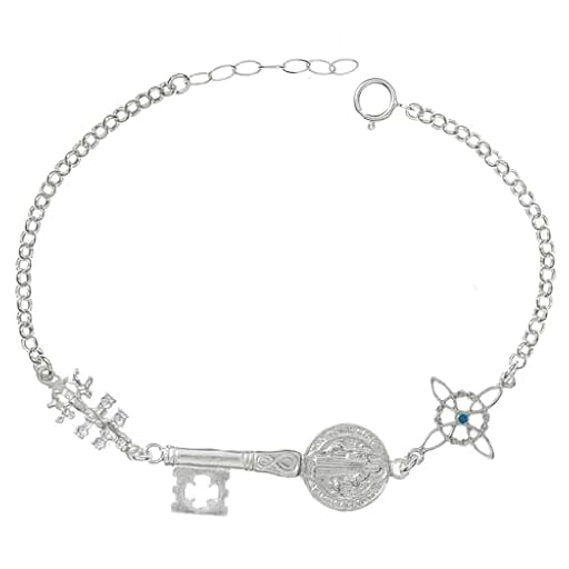 Pulsera triple amuleto de protección con nudo de bruja, llave escapulario de San Benito y cruz de Caravaca de Plata de Ley - Amuleto triple protección de Plata de Ley | Ya disponible en tu tienda friki favorita! En mundofriki.es!