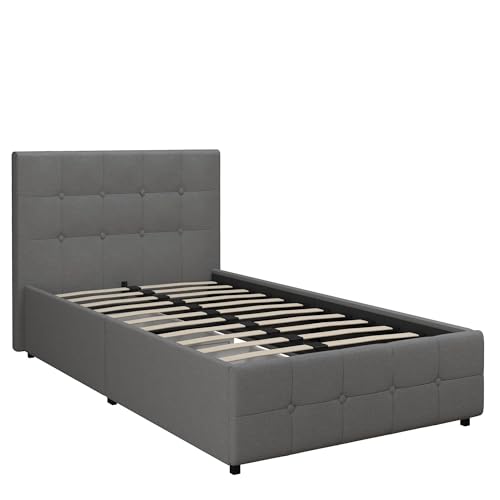 DHP Rose Upholstered Platform Bed with Underbed Storage Drawers and Button Tufted Headboard and Footboard, No Box Spring Needed, Twin, Gray Linen