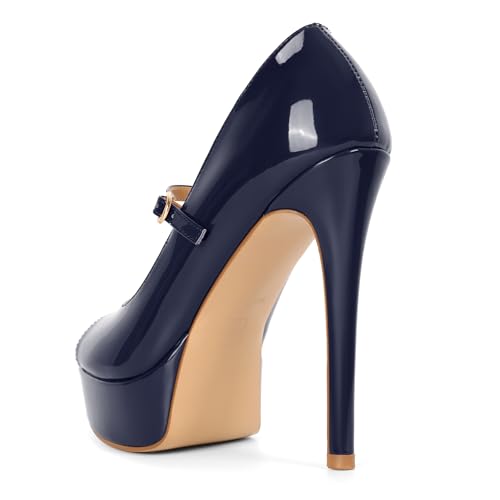 Image of SAMMITOP Women's Peep Toe High Heels Platform Stiletto Pumps Patent Mary Jane Heels 5.5 inch Party Wedding Dress Shoes