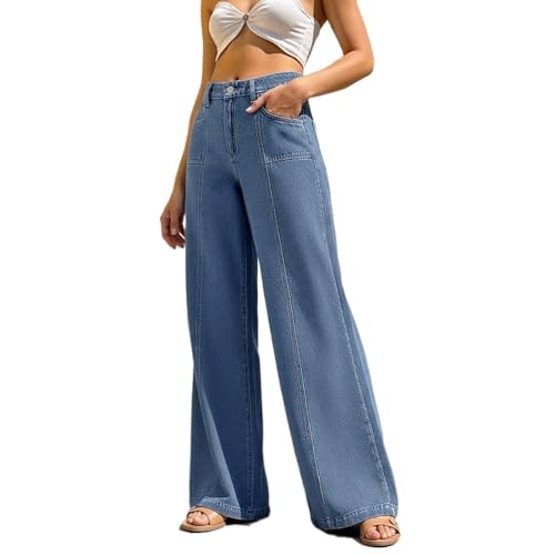 Pantalones vaqueros para mujer elásticos holgados estilo denim de pierna ancha