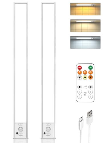 16in Under Cabinet Lighting with Remote Control,160 LED Motion Sensor Light Indoor,4000mAh USB Rechargeable Closet Lights,3 Color Temps Wireless Under Counter Lights for Kitchen,Pantry, Stair, 2 Pack