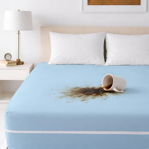 Image of Zipper Closure Style Mattress Protector Single Size 100% Waterproof Six-Sided Mattress Encasement for Bed 48x75 Inch Fit On 6 Inch 4X6.3 Feet Light Blue