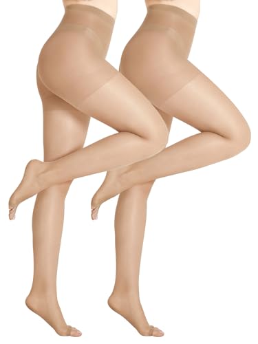 2 Pairs Women's Toeless Pantyhose - 20D Open Toe Sheer Tights Nylons Stockings with Control Top