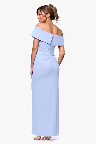 Image of Xscape Women's Off Shoulder Straight Neck Evening Gown with Foldover Cuff, Side Ruffle, Leg Slit, Fitted Formal Dress, Periwinkle, 14