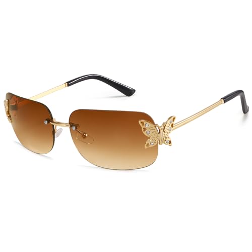 Dollger Rectangle Y2k Sunglasses for Women Fashion Rimless 2000s Square Brown Sun Glasses Butterfly 90s Cool Shades