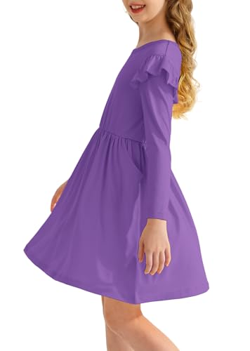 Girls' Long Sleeve Ruffle Trim Dresses Elastic Waist Knee Length Scoop Neck Casual Dress