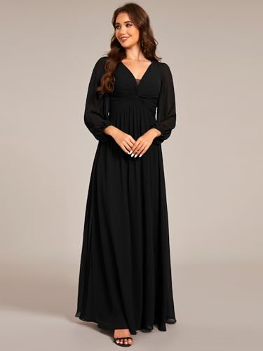 Ever-Pretty Women's V-Neck Long Sleeves A-Line Pleated Chiffon Floor Length Formal Dress 022354