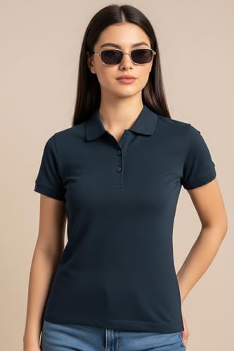 Image of JUNEBERRY Pure Cotton Regular Fit Plain Solid Classic Polo Collar Half Sleeve T-Shirt for Women (Colors: Olive, Maroon, Navy, Black, Green & Orange)