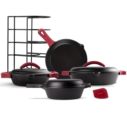 Image of Cuisinel Cast Iron 16-Piece Pre-Seasoned Cookware Set - 8" + 12" Braiser Pans + Cast Iron Lids + 10" Skillet + 2-in-1 Multi-Cooker + 12" Organizer + Scraper + Silicone Handle Covers - Fire or Oven Use