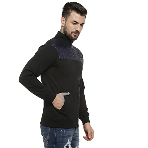 Image of Campus Sutra Men's Black Solid Colour-BlockedRegular Fit Cotton Jacket For Winter Wear | Standing Collar | Full Sleeve | Zipper | Casual Jacket For Man | Western Stylish Jacket For Men