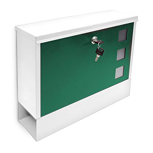 Relaxdays Modern Coloured Mailbox Letterbox Lockable with Two Keys & Newspaper Slot, White/Green