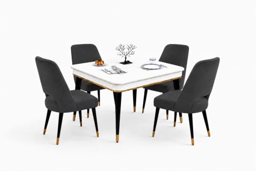 Image of WOODEN SPACE 4 Seater Wooden Dining Table Set | Urban Marble Top Dining Table with Chairs for Dining Room & Kitchen (Modern Vintage Dark Grey) (42 x 42 x 30 inch)