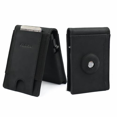 Slim Airtag Wallets for Men, Smart Wallet With Money Holder RFID NFC Blocking Genuine Crazy Horse Leather Wallet, Credit Card Holder With Minimalist Gifts for Men (No Air tag Included)-Black
