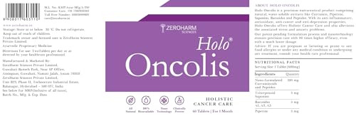 Holo ZEROHARM HoloOncolis | Holistic Cancer Care Tablets | All-natural | 100% Water Soluble Curcumin and Plant-based Ingredients | Anti-inflammation, Anti-depression| 60 Vegetarian Tablets