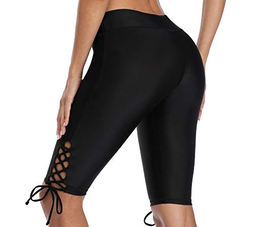 Shorts de natação femininos ATTRACO de cintura alta, calcinha de natação lisa, Black Side Drawstring