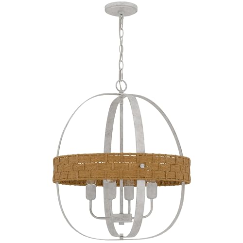 Benjara Baty Chandelier, 4 Light Rustic Rattan Round, White Metal 21 Inch