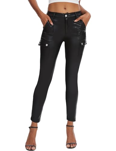 Faux Leather Leggings Pants for Women High Waisted Stretchy Pleather Pants Back Side Pocket Work Tights