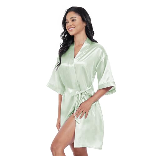Image of Women's Short Satin Robes Lightweight Silky V-Neck Sleepwear Wedding Bridal Party Bride Bridesmaid Bathrobes