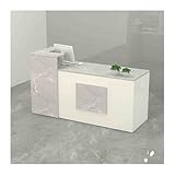 Moderner Rezeptionstresen mit abschließbarer Schublade und Stauraum, stilvoller Schreibtisch für Kassiertheken und Damenbekleidungsgeschäfte, weiß-graues Stein-Finish