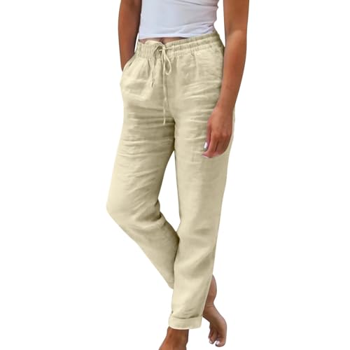 Cropped Linen Pants Women Plus Size Drawstring Elastic High Waisted Joggers Lightweight Summer Ankle Pants w/Pockets