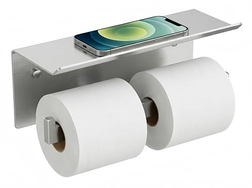 FORIOUS Double Toilet Paper Holder with Shelf 304 Stainless Steel Wall Mount Commercial Toilet Paper Dispenser Low Maintenance Bathroom Tissue Roll Holder for Hotel Apartments etc Brushed Nickel