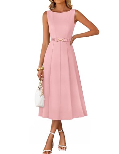 Image of ZESICA Women Summer Sleeveless Midi Dresses 2026 Elegant Boat Neck A Line Tie Waist Spring Cocktail Party Dress