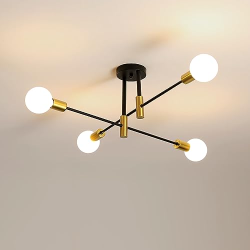 Seamoon Lampara de Techo Industriales, Lámpara de Araña Sputnik, Lamparas de Techo Retro Negras E27, Angulo Ajustable 180° para Dormitorio Cocina Pasillo Diámetro 72 CM(Negro + Dorado, Sin Bombilla)