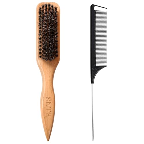 Peach Wood Boar Bristle Slick Back Hair Brush & Rat Tail Comb Set - Controls Frizz, Smooths...