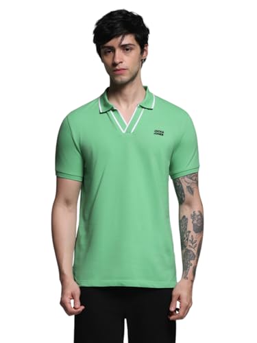 Image of Jack & Jones Men Solid Polo Collar Cotton Slim Fit T-Shirt