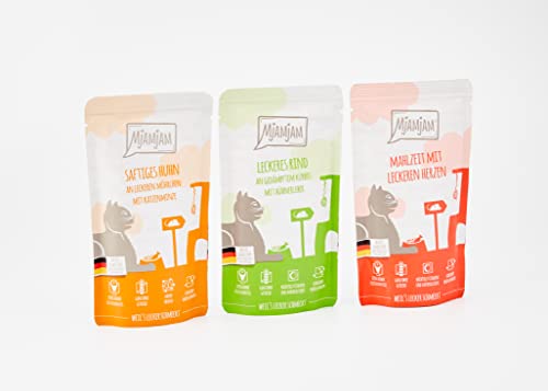 MjAMjAM - Premium Nassfutter für Katzen - Mixpaket I - Huhn, Rind, Herzen, 12er Pack (12 x 125 g), getreidefrei mit extra viel Fleisch