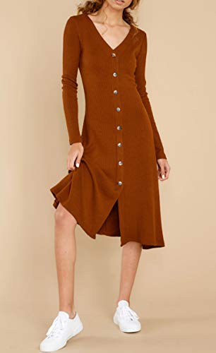 R.Vivimos Women's Winter Cotton Long Sleeves V-Neck Casual Button Down Knit Sweater Midi Dress4