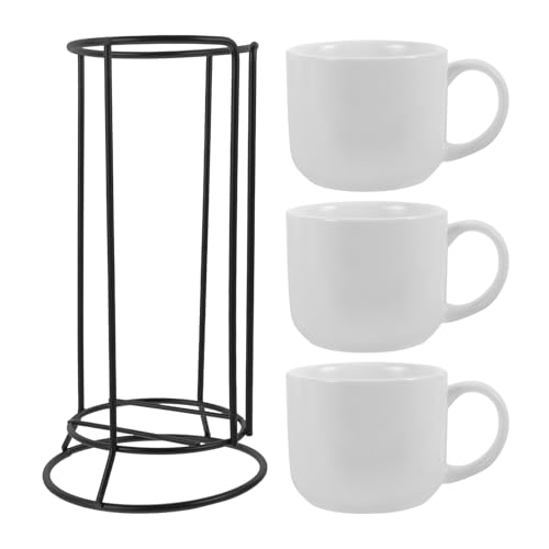 Ciieeo Juego de 3 Tazas de Cerámica con Asa y Soporte de Hierro para Cocina y Oficina Tazas de Agua y Café Decorativas Estilo Dibujos Animados Adecuado para Té y Leche Set 4 Piezas