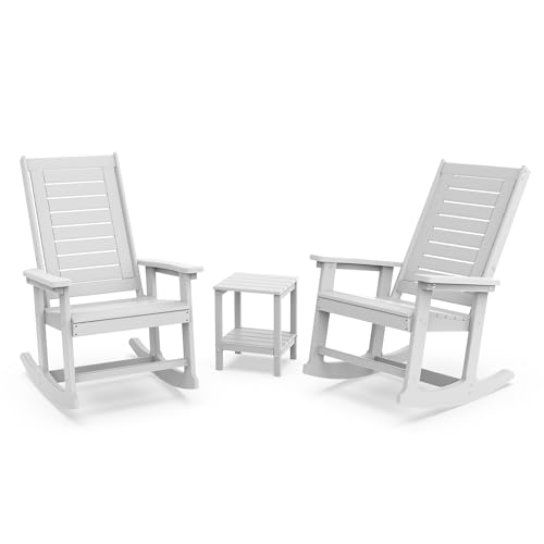 GREENVINES Outdoor Rocking Chair Set | 3-Piece | 2 Rocking Chairs with 1 Side Table | Porch Rocker | HDPE Plastic | White | Patio Furniture Sets | Hig