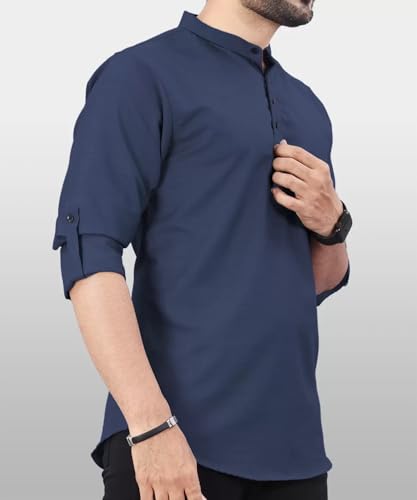 Image of DEEMOON Men's Regular Fit Solid Sprad Collar Casual Shirt with a Trendy Mandarin Collar Crafted from a Premium Cotton Blend