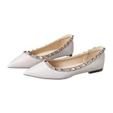 JHFDIOY Women Patent Leather Studded Rivet Closed Shallow Mouth Comfortable Dress Walking Flat Shoes Fashion Pointed Toe Slip On Flats for Daily Party Office (Gray,9.5)