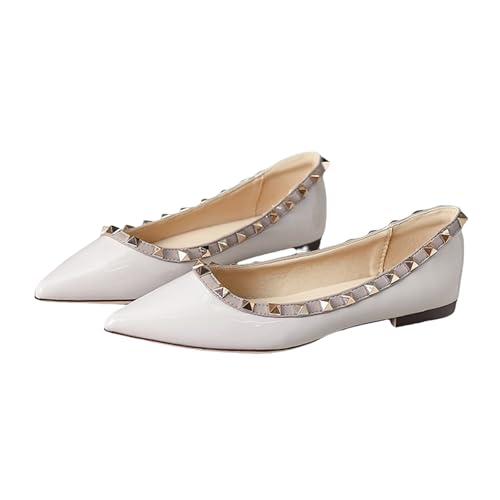 JHFDIOY Women Patent Leather Studded Rivet Closed Shallow Mouth Comfortable Dress Walking Flat Shoes Fashion Pointed Toe Slip On Flats for Daily Party Office (Gray,9.5)