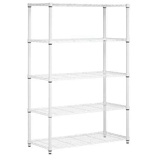 5段スチールラック メタルラック シェルフ 収納棚 キッチンラック 収納ラック 高さ調整可能 キャスター付き 日本語説明書 (ホワイト 5段-幅90×奥行35×高さ150cm)