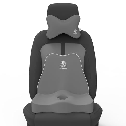 Image of MRRON Memory Foam Car Seat Cushion Combo - Backrest, Coccyx Cushion & Neckrest - Orthopedic Support for Back, Sciatica & Neck Pain - Ergonomic Comfort for Car, Office. (Grey, Slim Backrest)