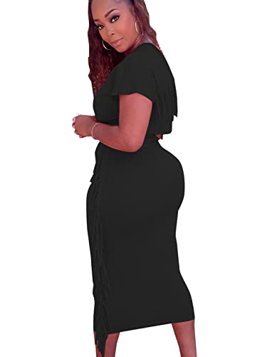 Womens 2 Piece Skirt Sets Outfits Summer Casual Black Crop Top Ruched Bodycon Fringe Midi Skirt Birthday Night Out Sets Black Xxl #TOP1