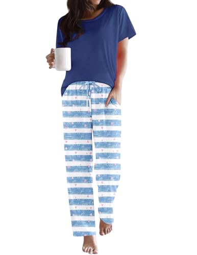 Image of Ekouaer Pajama Sets for Women Round Neck Pjs Short Sleeve Sleepwear with Long Pants Loose Lounge Sets