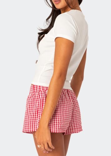 Image of Y2k Plaid Shorts Cute Baggy Ginghem Boxer Shorts for Women Checked Lounge Pajama Bottom Preppy Sleep Pj Shorts