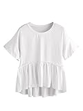 ROMWE Women's Loose Ruffle Hem Short Sleeve High Low Peplum Blouse Top White S