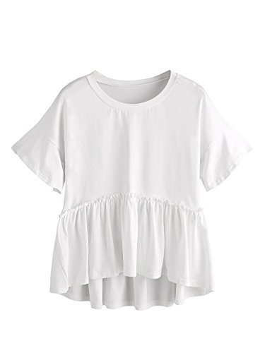 ROMWE Women's Loose Ruffle Hem Short Sleeve High Low Peplum Blouse Top White S
