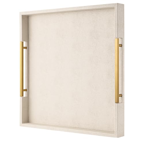 Beige Faux Leather Serving Tray with Handles – Large Decorative Tray for Coffee Table, Ottoman, Living Room, Bathroom – Home Decor